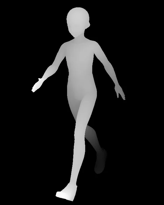 The depth map of the same figure: nearer parts lighter, farther parts darker.