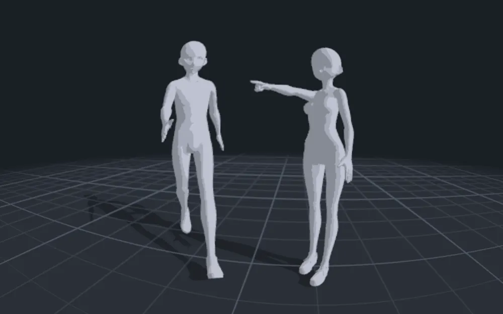 The same two figures through the same camera with a curvilinear lens: the horizon and ground grid bend.