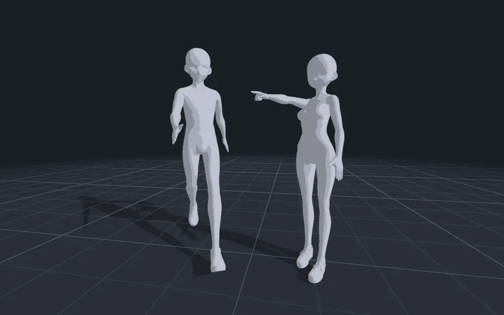 Two figures, one pointing at the other, through a 16 mm lens with straight lines.