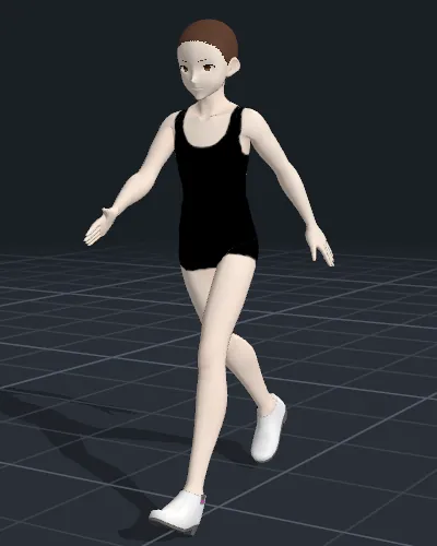 The figure with its own textures: skin, hair, a black tank top, shorts and sneakers.