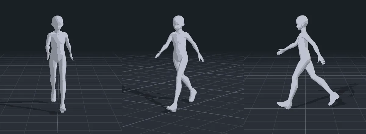 A turnaround sheet: the same walking pose seen from the front, three-quarter and side.